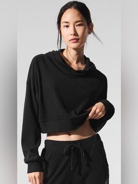 Alo Yoga Muse Hoodie Small Black Ribbed Cropped